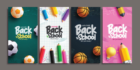 Back to school greeting vector poster set. Welcome back to school text with soccer ball, basketball and color pencil educational elements for learning flyers lay out collection. Vector illustration - obrazy, fototapety, plakaty