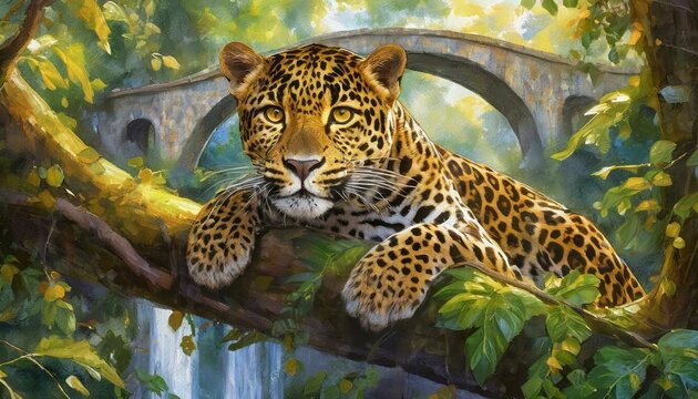 Impressionist painting of a jaguar with beautiful golden eyes, depicted relaxing on a tree