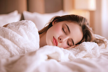 Obraz na płótnie Canvas Caucasian woman sleeping peacefully in the bedroom of a luxury hotel