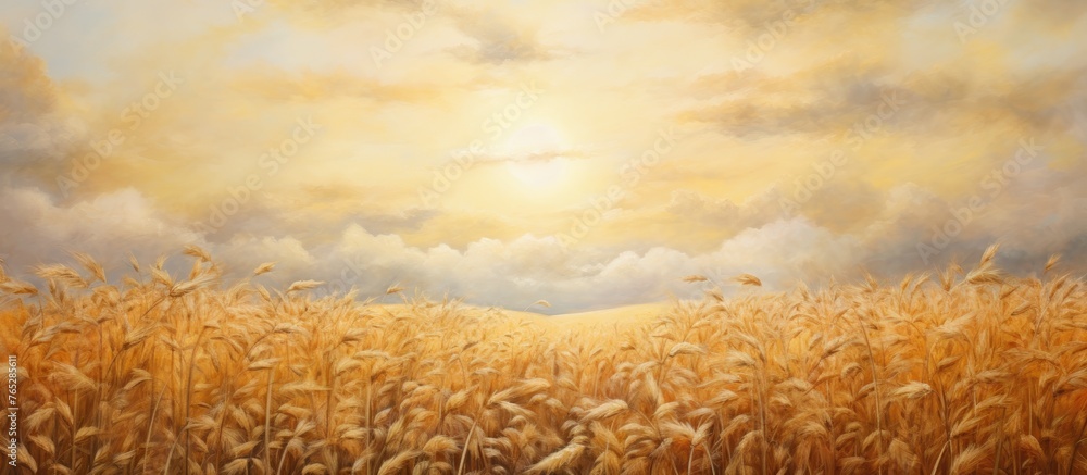Poster An artistic rendition of a field of wheat under a colorful sky with the sun setting in the background