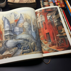 A close-up of an artists sketchbook. 