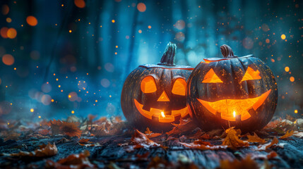 Two whimsical jack o lantern pumpkins sit on a bed of vibrant autumn leaves, embodying the festive spirit of Halloween