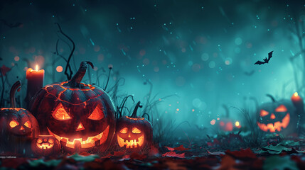 A group of jack o lantern pumpkins sitting in the grass under a full moon, casting a warm and eerie glow - Powered by Adobe