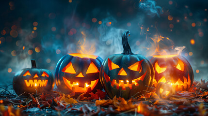 Three jack o lantern pumpkins with glowing eyes sitting on top of colorful fall leaves, bringing a spooky and festive touch to the Halloween season - obrazy, fototapety, plakaty