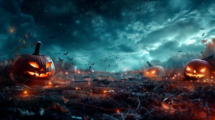 Foto op Canvas A colorful grouping of pumpkins rests gracefully atop a spacious field, creating a festive scene that embodies the spirit of autumn and the upcoming Halloween celebrations © Fokke Baarssen