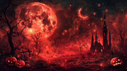 Jack-o-lanterns glowing in the dark under a full moon on Halloween night, creating a spooky and magical atmosphere