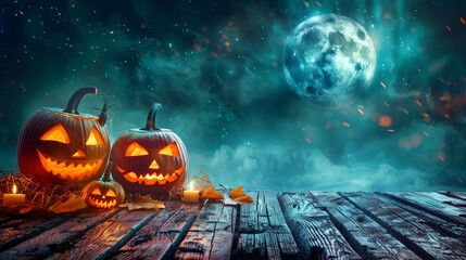 Two intricately carved pumpkins sit on a wooden table under a full moon, emanating an eerie glow, perfect for a Halloween night - obrazy, fototapety, plakaty