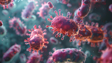 virus in the water, Colorful virus and cells background with copy space - obrazy, fototapety, plakaty