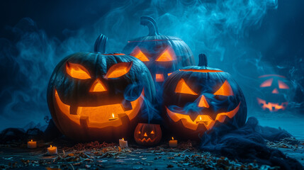 A group of intricately carved jack o lantern pumpkins, each aglow with flickering candlelight,...