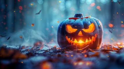 A jack o lantern pumpkin with carved eyes illuminated from within, adding a spooky and enchanting element to the Halloween decor