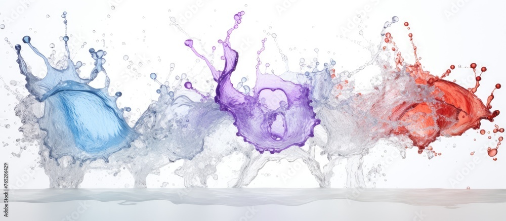 Poster capture the intricate details of multiple water droplets creating a splash pattern on a clean white 