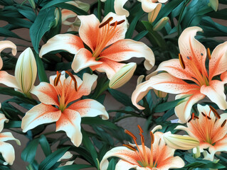 Seamless peach fuzz color lily flowers pattern, 3d illustration, wallpaper design. Generative ai