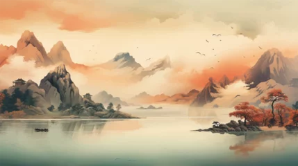 Foto op Aluminium Abstract beautiful traditional chinese or japanese temple house hill with river, cloudy and mountain scenery landscape watercolor painting wallpaper oriental background. Clouds, mountain, river © Pickoloh