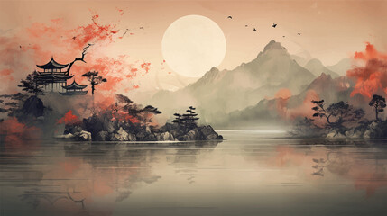 Abstract beautiful traditional chinese or japanese temple house hill with river, cloudy and mountain scenery landscape watercolor painting wallpaper oriental background. Clouds, mountain, river