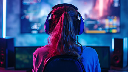 Fototapeta premium Backview of Esport Female Fully Indulge in Game, Focused on Winning the Match, Capturing the Competitive Spirit and Drive in the Esports Community. es sport gamer champion girl.
