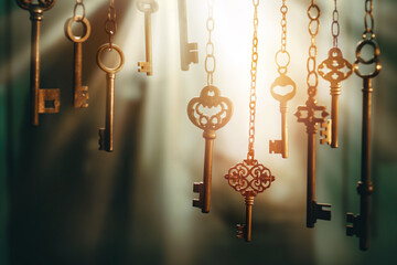 Keys hanging on chains representing opportunity and possibilites