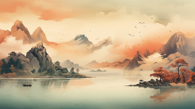 Abstract beautiful traditional chinese or japanese temple house hill with river, cloudy and mountain scenery landscape watercolor painting wallpaper oriental background. Clouds, mountain, river