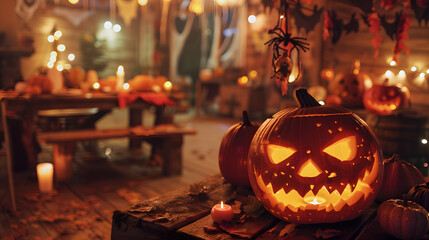 A Halloween party, with details of the party's decorations, the guests' costumes, and the festive atmosphere.