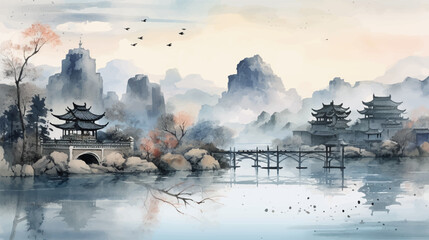 Abstract beautiful traditional chinese or japanese temple house hill with river, cloudy and mountain scenery landscape watercolor painting wallpaper oriental background. Clouds, mountain, river
