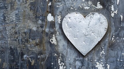 A white heart is depicted on a background of gray metal.