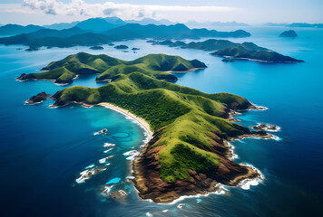 Aerial view of the tropical islands around Guanshui Island in China, surrounded by turquoise waters and lush green mountains