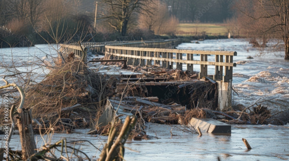 Poster a bridge is partially washed away with debris and branches strewn across its remaining structure una