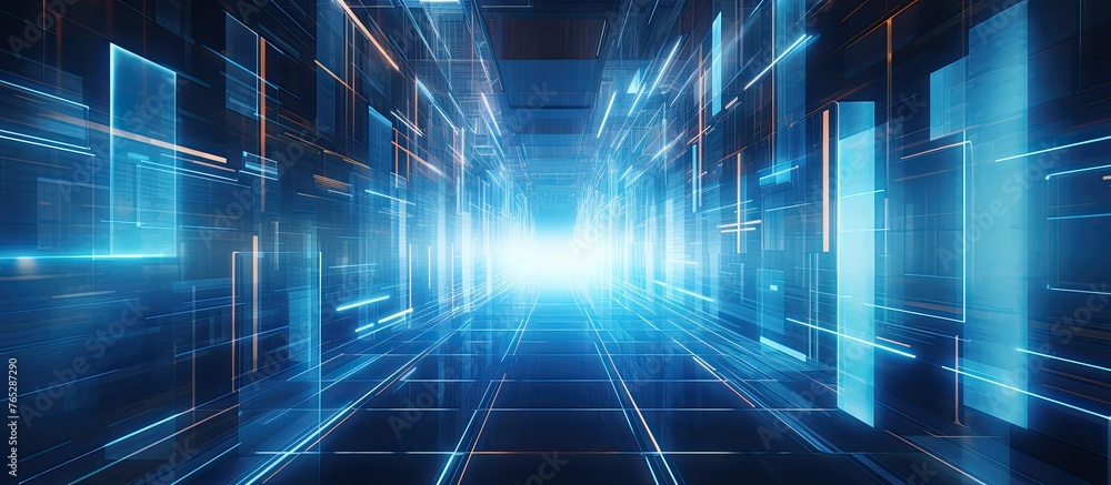 Poster an electric blue light shines at the end of the tunnel, casting a mesmerizing pattern and symmetrica