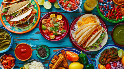A colorful spread of traditional Mexican street foods from tacos to churros entices hungry...