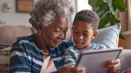 Fototapeta premium A Heartwarming Multigenerational Family Scene with Grandmother Embracing Technology and Learning, Guided by the Tech-Savvy little Grandson