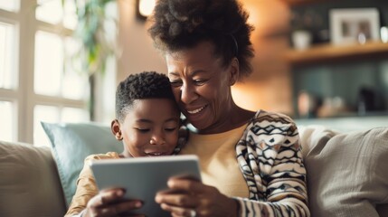 A Heartwarming Multigenerational Family Scene with Grandmother Embracing Technology and Learning, Guided by the Tech-Savvy little Grandson