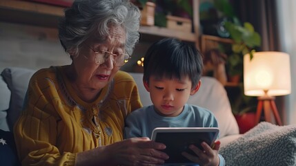 Grandmother learning technology with a grandson, Family Scene 