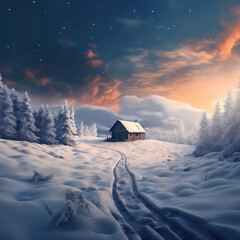 A serene snow-covered landscape with a solitary cabin
