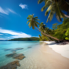 A serene tropical beach with palm trees.