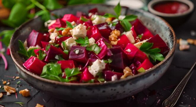 A bowl of beetroot and goat cheese salad with walnut dressing
