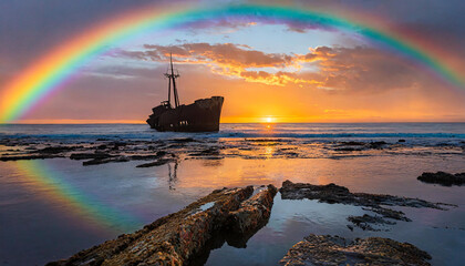 Rainbow Sunset over Shipwreck at low tide - obrazy, fototapety, plakaty