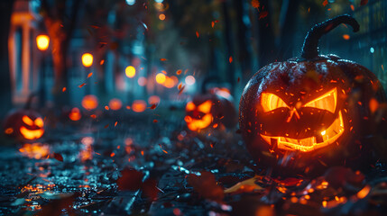 A pumpkin carving scene at night, with details of the pumpkins' glowing faces, the surrounding darkness, and the sense of mystery and atmosphere.
