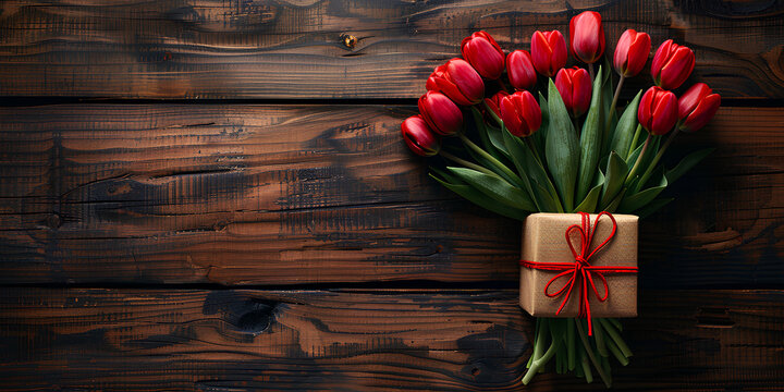bouquet of tulips on wooden background, Vibrant Tulips Arranged With A Stylish Red Ribbon Presented With A Golden Bag On A Natural Wood Background