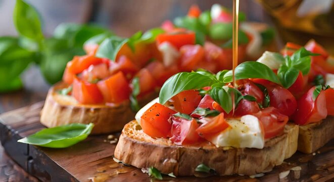 A fresh bruschetta with tomato, basil, and mozzarella, with olive oil drizzling