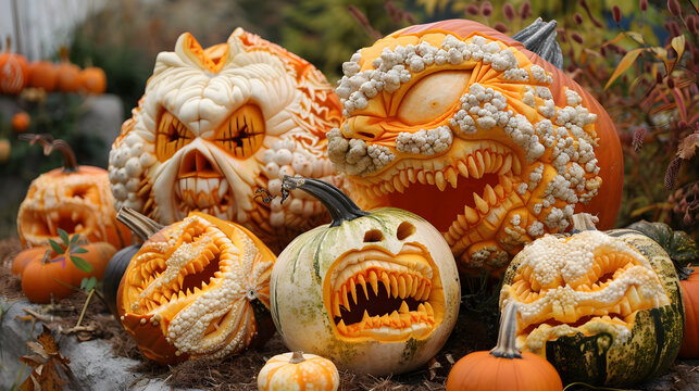 A group of pumpkins carved with different creative designs, with details of the pumpkins' varied shapes and sizes, the different carving techniques used, and the variety of designs.
