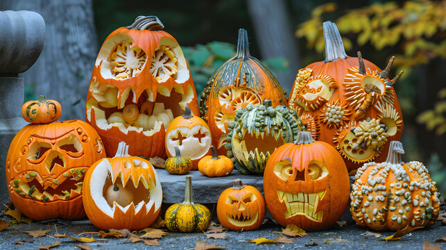 A group of pumpkins carved with different creative designs, with details of the pumpkins' varied shapes and sizes, the different carving techniques used, and the variety of designs.