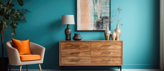 An interior design featuring a living room with azure walls, a wooden chair, dresser, and lamp. The room is furnished with aqua accents and a table by the window