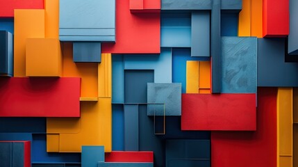Modern 3D wall art featuring a vibrant pattern of geometric shapes in bold primary colors, creating a visually engaging texture.