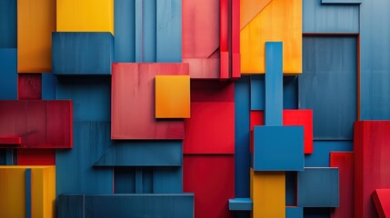 Modern 3D wall art featuring a vibrant pattern of geometric shapes in bold primary colors, creating a visually engaging texture.