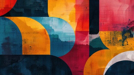 Naklejka premium A striking visual collage of abstract geometric shapes with textured layers, combining bold colors and dynamic composition.