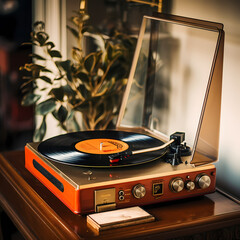 A vintage record player with vinyl records