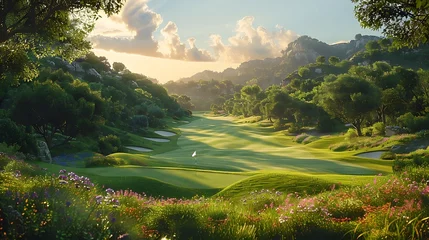 Wandcirkels tuinposter a scenic golf course with rolling hills, lush fairways, and manicured greens, inviting golfers to tee off amidst the tranquility of nature in cinematic 16k perfection © Artistic_Creation