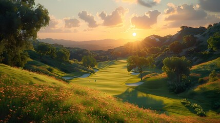 a scenic golf course with rolling hills, lush fairways, and manicured greens, inviting golfers to tee off amidst the tranquility of nature in cinematic 16k perfection