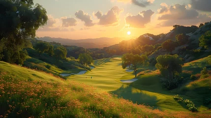 Papier Peint photo ManIcure a scenic golf course with rolling hills, lush fairways, and manicured greens, inviting golfers to tee off amidst the tranquility of nature in cinematic 16k perfection