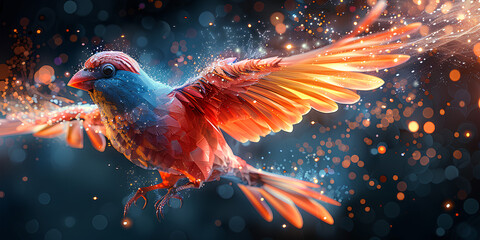 bird of paradise, A hummingbird with a blue and purple background, Flaming phoenix firebird with flames and sparks, mythical bird on a fiery background