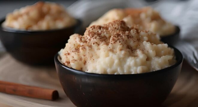 A bowl of coconut rice pudding with a sprinkle of cinnamon